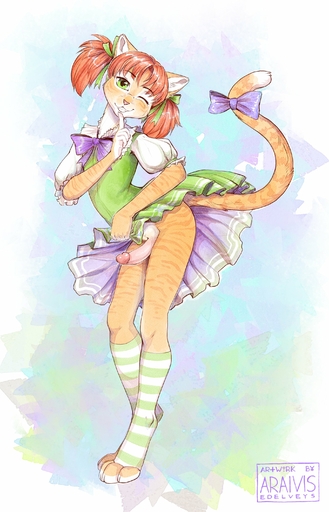 2020 4_toes 5_fingers absurd_res anthro araivis-edelveys clothed clothing crossdressing digital_media_(artwork) digitigrade domestic_cat dress feet felid feline felis fingers green_eyes hair hi_res male mammal orange_hair smile solo toes // 1925x3000 // 717KB