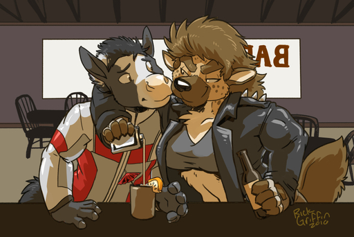 2016 alcohol anthro bar beer beverage bottle breasts brown_body brown_fur charli_(disambiguation) clothed clothing digital_media_(artwork) duo equid equine female fur holding_bottle holding_object horse hyaenid inside male mammal rick_griffin spotted_hyena // 904x603 // 378.9KB
