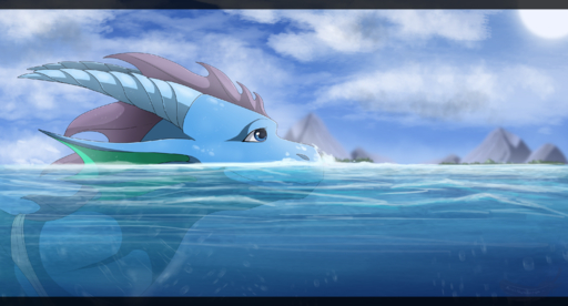 2019 ambiguous_gender anais-thunder-pen blue_eyes day detailed_background dragon headshot_portrait hi_res horn outside partially_submerged portrait scalie sea sky spines water western_dragon // 3000x1618 // 4.1MB