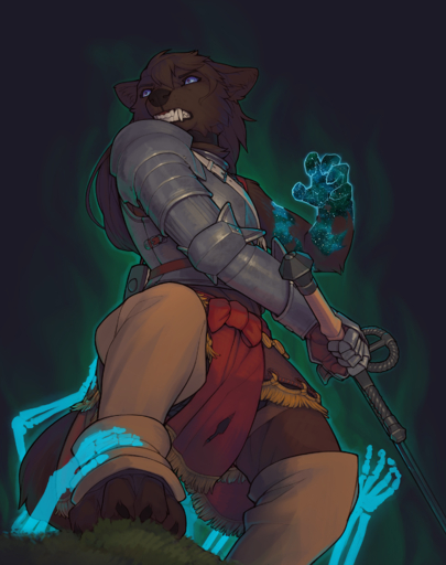 2018 5_fingers ambiguous_gender anthro armor biped brown_body brown_fur canid canine clothed clothing fangs fingers fur hi_res holding_object holding_sword holding_weapon low-angle_view magic_user mammal maned_wolf melee_weapon necromancer nonbinary_(lore) paws snowskau solo sword teeth weapon // 1520x1920 // 2.4MB