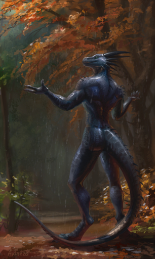 2019 akineza anthro athletic athletic_anthro athletic_male autumn back_muscles biceps blue_body blue_scales butt claws digitigrade dragon green_eyes hi_res horn kuromino male nude outside raining scales smile solo spines wingless_dragon // 765x1280 // 1.2MB