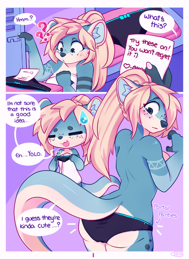 absurd_res anthro blonde_hair blush bodily_fluids clothed clothing comic conditional_dnp dialogue digital_media_(artwork) english_text female hair hi_res jinxit panties panties_only portal_panties shaded solo speech_bubble sweat sweatdrop text topless underwear underwear_only // 2200x3000 // 3.3MB