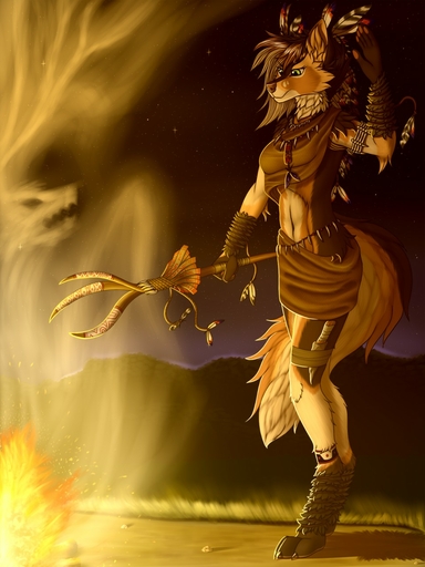 2017 3:4 5_fingers anthro brown_body brown_fur brown_hair canid canine canis detailed_background digital_media_(artwork) digitigrade domestic_dog female fingers fire fur green_eyes hair hi_res mammal navel night outside sky smile solo star starry_sky tales_foxdale tribal_clothing // 960x1280 // 193.1KB