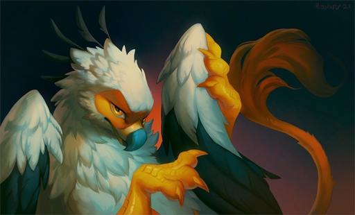 2021 avian beak black_body black_feathers claws digital_media_(artwork) feathered_wings feathers feral fingers gryphon hioshiru long_tail looking_at_viewer male multicolored_body mythological_avian orange_body orange_eyes solo tail_tuft tuft vistamage_(oc) white_body white_feathers wings // 1280x775 // 100.8KB