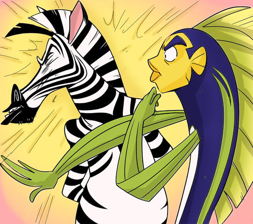 absurd_res angry anthro attack duo equid equine eyebrows eyes_closed fin fish frown hi_res horse humor lips male mammal marine marty_the_zebra meme miguel_arts multicolored_body oscar_(shark_tale) simple_background slap standing stripes teeth thick_eyebrows thick_lips yellow_background zebra // 3038x2696 // 1.9MB