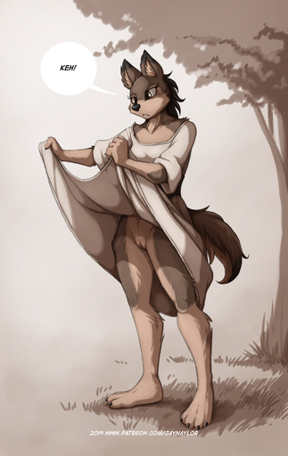2019 absurd_res anthro brown_body brown_eyes brown_fur canid canine canis clothed clothing clothing_lift conditional_dnp dress dress_lift eyelashes female fur genitals hi_res jay_naylor mammal no_underwear pussy rayka_(jay_naylor) solo wolf // 1931x3060 // 1.4MB
