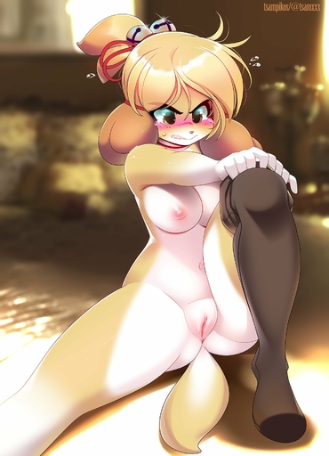 anthro blonde_hair canid canine canis domestic_dog female genitals hair hi_res isabelle_(animal_crossing) mammal pussy shih_tzu solo toy_dog tsampikos video_games // 1446x2000 // 238.0KB