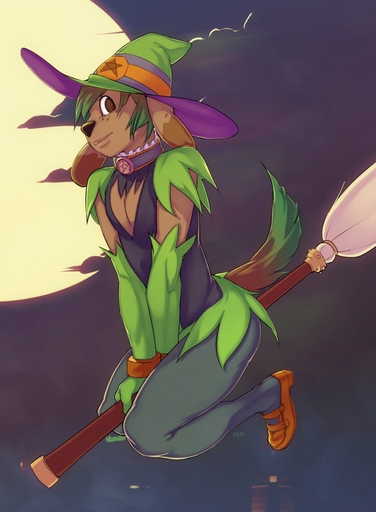 anthro biped black_nose broom broom_riding brown_eyes canid canine canis cleaning_tool clothed clothing cloud collar costume crossdressing digital_media_(artwork) domestic_dog doxy flying footwear freckles full-length_portrait girly green_hair hair hat headgear headwear hi_res holidays legwear looking_at_viewer magic_user male mammal marty_(onta) moon orange_clothing orange_footwear pentacle pentagram pinup portrait pose riding shoes solo star stockings straddling witch witch_hat // 939x1280 // 114.5KB