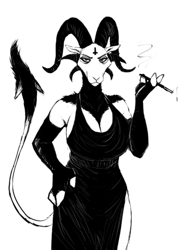 anthro big_breasts black_and_white bovid breasts caprine cigarette cigarette_holder cleavage clothed clothing cross demon dress female fingerless_gloves fingers gloves goat goth hand_on_hip handwear hi_res hladilnik hooved_fingers hooves horn huge_breasts inverted_cross looking_at_viewer lucy_(hladilnik) mammal monochrome neck_tuft raised_tail simple_background smile smoking solo tail_tuft tuft white_background // 1280x1792 // 618.0KB