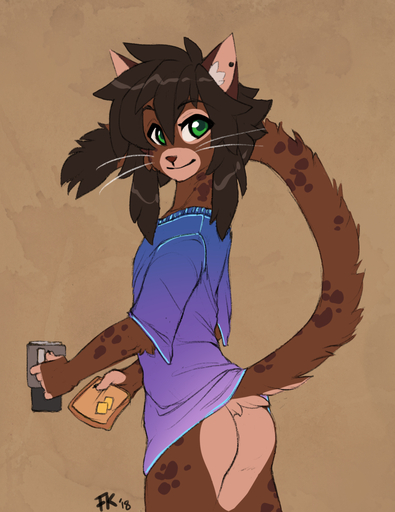 anthro bottomless brown_body brown_fur brown_hair butt clothed clothing coffee_mug conditional_dnp digital_media_(artwork) domestic_cat felid feline felis fluff-kevlar fur green_eyes hair looking_at_viewer male mammal multicolored_body multicolored_fur simple_background smile solo // 889x1152 // 649.0KB