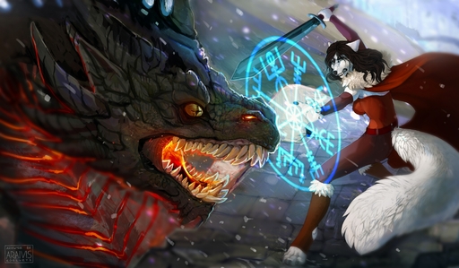 2018 4_toes anthro araivis-edelveys barefoot black_hair black_nose canid canine canis digital_media_(artwork) domestic_dog dragon duo feet feral fur hair hi_res holding_object holding_sword holding_weapon horn mammal melee_weapon open_mouth sword teeth toes tongue weapon white_body white_fur // 2100x1225 // 1.4MB