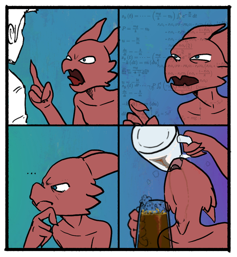alcohol angry beer beverage border confusion dep digital_media_(artwork) drinking duo human humor kobold male mammal math_lady meme reaction_image simple_background solo_focus thinking white_border yelling // 1074x1162 // 640.6KB