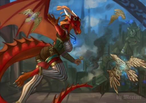 anthro breasts clothed clothing digital_media_(artwork) dragon female fully_clothed laugh merime outside rashna running scalie shaded signature solo steampunk wings // 1280x904 // 1.2MB