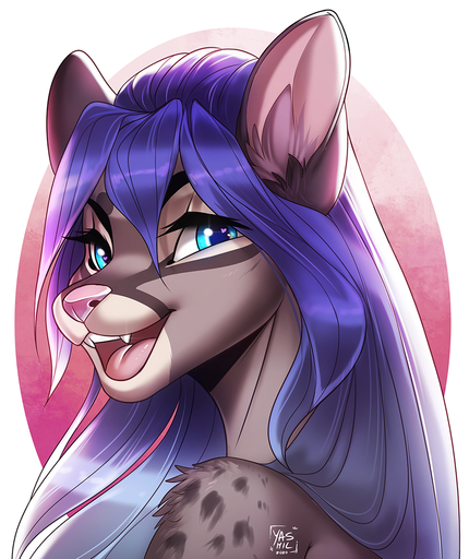 2020 anthro blue_eyes digital_media_(artwork) eyebrows eyelashes felid feline female fur grey_body grey_fur hair headshot_portrait mammal open_mouth pink_nose portrait purple_hair smile solo teeth tongue yasmil // 900x1071 // 1.1MB