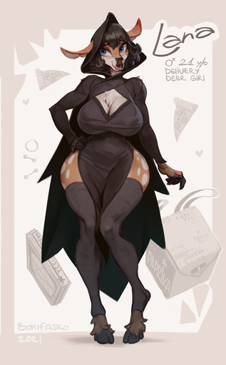 2021 anthro big_breasts bonifasko breasts cervid cleavage cleavage_cutout clothed clothing female hi_res legwear mammal pigeon_toed solo thigh_highs wide_hips // 792x1280 // 263.0KB