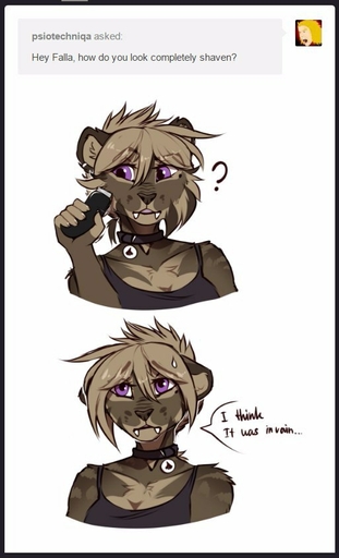 2017 anthro breasts clothed clothing collar comic digital_media_(artwork) disappointed ear_piercing english_text f-r95 falla_(f-r95) fangs felid female fur hair machairodontine mammal open_mouth piercing purple_eyes razor sabertooth_(anatomy) shaving simple_background solo text tools // 513x845 // 58.3KB