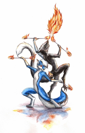 2018 anthro duo ellkir_fox fire hi_res male nude red_eyes sergal traditional_media_(artwork) // 1257x1971 // 273KB