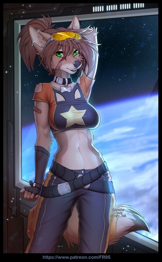 anthro arm_tuft band-aid bandage belt blush breasts canid canine canis cheek_tuft clothed clothing collar crop_top digital_media_(artwork) dipstick_tail ear_piercing elbow_tufts eyewear f-r95 facial_tuft female goggles green_eyes hair hand_behind_head hi_res inner_ear_fluff long_hair looking_at_viewer mammal markings midriff multicolored_tail navel piercing planet ponytail shaded shirt solo space standing star tail_markings topwear tuft wendy_(wolfy-nail) window wolf // 793x1280 // 182.4KB
