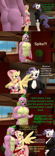 3d_(artwork) absurd_res alternate_species anthro anthrofied balls big_breasts breasts canid canine cleavage clothed clothing collar comic dialogue digital_media_(artwork) english_text equid equine erection female fluttershy_(mlp) genitals hand_on_penis hi_res horn horse knot male malefemale mammal muscular muscular_male papadragon69 penis rarity_(mlp) spike_(mlp) text unicorn // 1920x5400 // 5.9MB