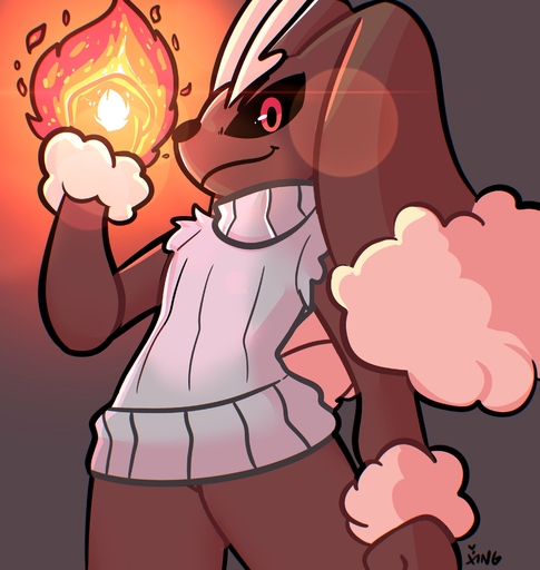 absurd_res anthro brown_body brown_fur clothing fire flaming_fist fur girly gradient_background grey_background half-closed_eyes hi_res lens_flare looking_at_viewer lopunny male narrowed_eyes pink_body pink_fur pokemon_(species) shiny_pokemon simple_background sleeveless sleeveless_sweater smile smirk smug smug_face smug_grin solo sweater the_xing1 topwear turtleneck turtleneck_sweater video_games // 3000x3165 // 455.1KB