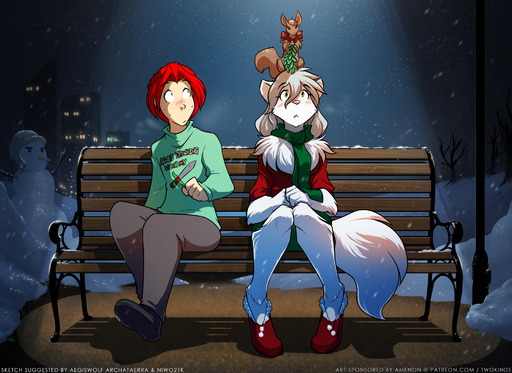 2017 anthro bench blush brown_body brown_fur canid canine canis carrying chest_tuft christmas clothed clothing conditional_dnp database_error_(twokinds) duo_focus english_text female feral fur group hair hi_res holidays human keidran kissing_bough looking_up male mammal mistletoe mrs._nibbly on_bench on_head outside park plant raine_silverlock red_hair ribbons rodent scarf sciurid sitting size_difference snowman text tom_fischbach tree_squirrel tuft twokinds url webcomic webcomic_character white_body white_fur winter wolf // 1920x1400 // 2.5MB