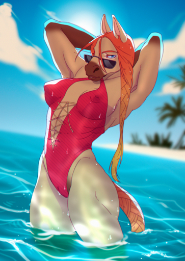 anthro breasts camel_toe clothing detailed_background equid equine eyewear female freyja_hest hands_behind_head hi_res horse kyabetsu looking_at_viewer mammal nipple_outline one-piece_swimsuit outside solo standing sunglasses swimwear wet wet_clothing // 850x1200 // 2.2MB