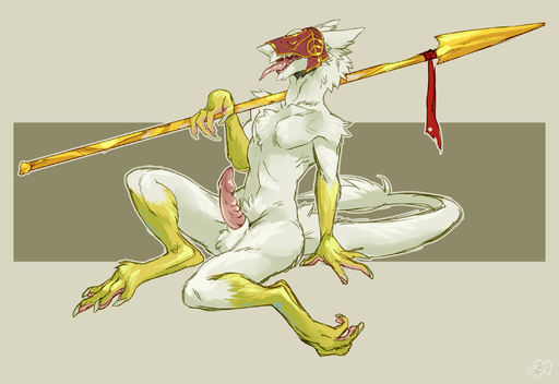 2018 4_fingers 4_toes anthro balls digital_media_(artwork) erection feet fingers genitals hi_res male mask melee_weapon nude penis polearm seraphim_(starfae) sergal simple_background solo spear teeth toes tongue twistedteeth weapon // 2160x1485 // 1022.1KB