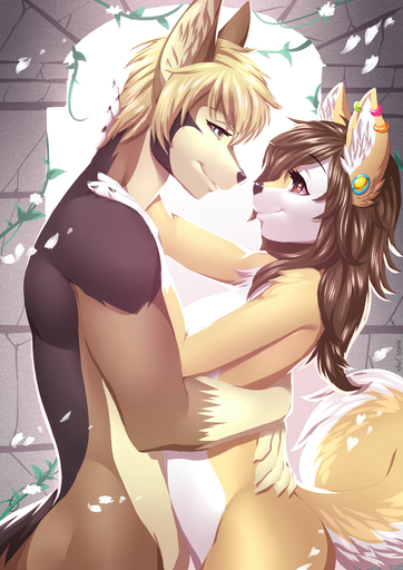 2014 absurd_res alanscampos anthro black_body black_fur black_nose blonde_hair blue_eyes breasts brown_body brown_eyes brown_fur brown_hair canid canine claws digital_media_(artwork) duo ear_piercing embrace eye_contact female flower fur hair hi_res hug long_hair looking_at_another looking_down looking_up love male mammal nude piercing plant romantic romantic_ambiance romantic_couple short_hair smile standing tasteful unknown_species white_body white_fur yellow_body yellow_fur // 2480x3507 // 957.2KB
