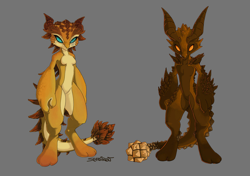 addis anthro blue_eyes breasts claws conditional_dnp desert digitigrade dragon duo elemental_creature female fenra hindpaw horn male mineral_fauna non-mammal_breasts nude orange_eyes paws rock scalie sefeiren sexual_dimorphism spikes standing stones teagan // 1100x774 // 192.1KB