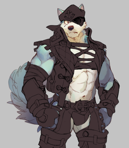 2018 abs anthro biceps black_nose canid canine canis clothed clothing digital_media_(artwork) eye_patch eyewear fur hat headgear headwear male mammal muscular muscular_anthro muscular_male navel null-ghost pirate simple_background solo wolf // 664x761 // 349.2KB