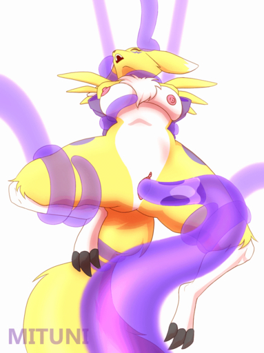 3_toes abdominal_bulge animated anthro areola big_breasts bodily_fluids bouncing_breasts bound breast_fondling breast_play breasts claws digimon_(species) feet female fondling fur genital_fluids genitals hand_on_breast looking_pleasured mituni_(artist) nipples open_mouth penetration pussy pussy_juice renamon short_playtime simple_background solo tentacle_sex tentacles toes vaginal vaginal_penetration white_body white_fur yellow_body yellow_fur // 800x1070 // 2.1MB
