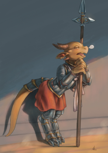 3_toes 4_fingers ambiguous_gender anthro armor bodily_fluids bubble claws clothed clothing crestfallenartist digitigrade ear_piercing ear_ring feet fingers fully_clothed half-closed_eyes hi_res holding_object holding_weapon horn kobold melee_weapon narrowed_eyes open_mouth piercing plate_armor polearm scalie snot snot_bubble solo spear standing tired toe_claws toes tongue tongue_out weapon // 1060x1500 // 1.8MB