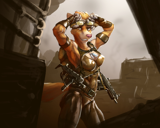 anthro armor belt bodysuit bracers breasts canid canine canis clothed clothing detailed_background dog_tags eyewear female flirting goggles gun jayka mammal marsonaut muscular muscular_female ranged_weapon skimpy skinsuit smile soldier straps submachine_gun tight_clothing warrior weapon wolf // 1000x804 // 678.2KB