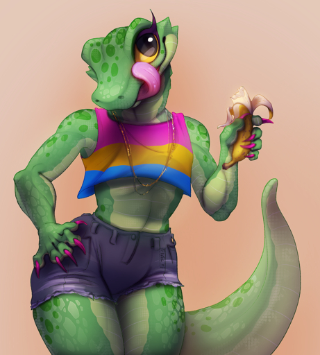 2019 5_fingers ambiguous_gender andromorph_(lore) anthro banana bottomwear claws clothed clothing crop_top eating fingers fivel food fruit green_body green_scales hand_on_hip hi_res hotpants jewelry lgbt_pride lizard long_tail long_tongue looking_at_viewer necklace pansexual_pride_colors pink_background pink_claws plant portrait pride_colors reptile scales scalie shirt shorts simple_background smile snout solo three-quarter_portrait tongue tongue_out topwear yellow_sclera // 1350x1500 // 3.0MB