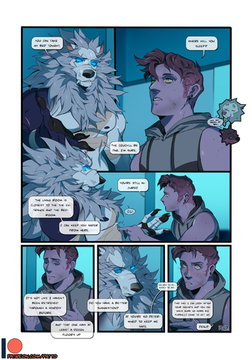 2021 anthro black_nose blue_eyes brown_hair canid canine canis clothed clothing comic digital_media_(artwork) duo english_text grey_hair hair hi_res human male mammal patto text wolf yellow_eyes // 1297x1850 // 1.2MB