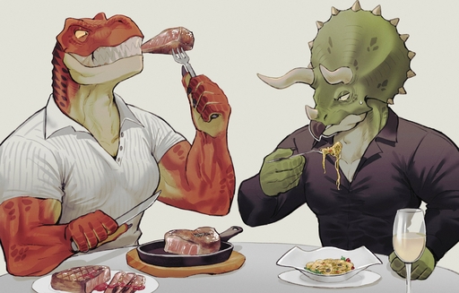 absurd_res anthro biped clothing cutlery dinner dinosaur duo eating food fork green_body hi_res k0bit0wani kitchen_utensils male meat orange_body pasta plate reptile scalie tools // 3500x2234 // 1.1MB