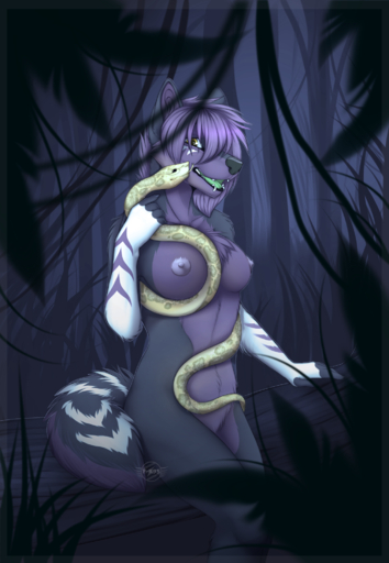 2014 ambiguous_gender anthro breasts canid canine digital_media_(artwork) duo f-r95 facial_piercing female feral hi_res jungle lip_piercing mammal night nipples nude outside piercing reptile scalie snake // 1384x2000 // 1.8MB