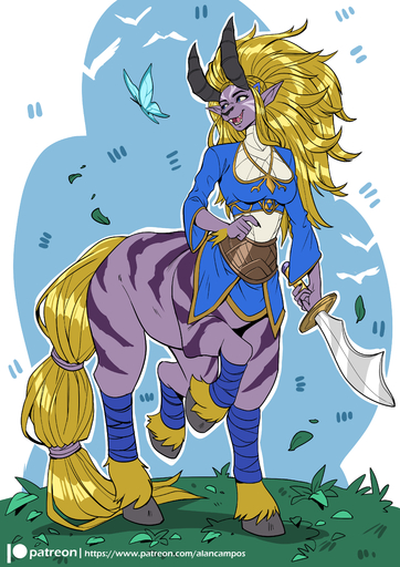 absurd_res accessory alanscampos alternate_species arthropod blue_eyes breasts butterfly clothed clothing female furgonomics hi_res hooves horn insect lepidopteran lynel melee_weapon open_mouth princess_zelda solo sword tail_accessory tailband taur video_games weapon // 2894x4093 // 3.1MB