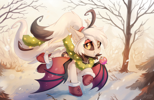 2019 bat_pony black_sclera cutie_mark day detailed_background equid fan_character feral hair hioshiru hooves mammal membrane_(anatomy) membranous_wings outside plant sky smile snow snowing solo tree white_hair wings yellow_eyes // 1280x834 // 1.4MB