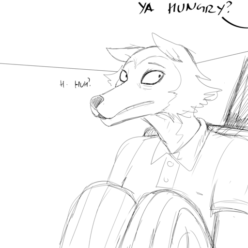 1:1 anthro beastars canid canine canis clothing dialogue english_text hi_res hladilnik legoshi_(beastars) looking_offscreen male mammal monochrome offscreen_character polo_shirt shirt sketch text topwear under_table wolf // 1280x1280 // 146.1KB