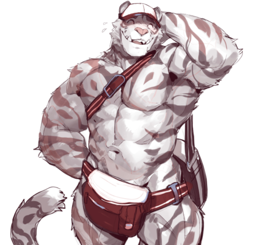 2016 anthro bag baseball_cap biceps clothing eyes_closed fanny_pack felid fur grey_body grey_fur grey_stripes hand_behind_head hat hat_only headgear headgear_only headwear headwear_only leucistic male mammal messenger_bag mostly_nude muscular muscular_anthro muscular_male navel null-ghost pantherine pecs pink_nose simple_background smile solo striped_body striped_fur stripes teeth tiger white_background white_body white_fur // 792x768 // 535.0KB