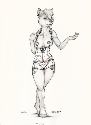 2012 anthro breasts burlesque canid canine canis clothed clothing corset ear_piercing ecmajor female hi_res industrial_piercing lingerie mammal monochrome nipple_tape panties pasties piercing simple_background skimpy solo tape topwear underwear wolf // 908x1250 // 1.6MB