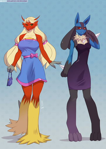 2016 alanscampos anthro anthrofied avian barefoot beak big_breasts bird black_body black_fur blaziken blue_background blue_body blue_fur breast_size_difference breasts canid canine claws cleavage clothed clothing dress duo english_text feathers feet female fur green_eyes grey_claws hair long_hair looking_at_viewer lucario mammal open_mouth pokemon_(species) pokemorph purse red_body red_eyes red_feathers simple_background smile text tongue url video_games white_hair yellow_body yellow_feathers yellow_fur yellow_sclera // 777x1100 // 309.6KB