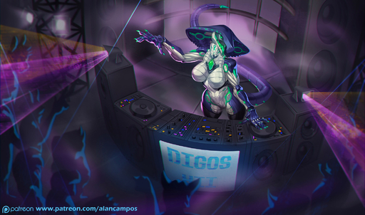 2018 5_fingers alanscampos anthro detailed_background digital_media_(artwork) disc_jockey female fingers green_eyes hi_res machine nude reptile robot scalie show snake solo standing text url // 2100x1239 // 354.4KB