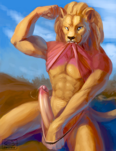 2016 abs anthro balls biceps big_penis biped bodily_fluids chunie clothed clothing detailed_background digital_media_(artwork) erection felid flexing foreskin fur genital_fluids genitals glans hi_res holding_balls humanoid_genitalia humanoid_penis kneeling lion looking_at_viewer male mammal mane muscular muscular_anthro muscular_male nipples outside pantherine partially_clothed pecs penis precum precum_string raised_clothing raised_shirt raised_topwear retracted_foreskin shirt shirt_in_mouth sky smile solo teeth topwear underwear vein // 984x1280 // 390.3KB