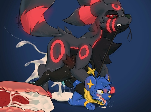 abdominal_bulge anal anal_penetration animal_genitalia black_body black_fur blue_body blue_fur blush bodily_fluids canid canine cum cum_from_ass cum_in_ass cum_in_mouth cum_inside digital_media_(artwork) duo eeveelution erection felid fellatio feral fur genital_fluids genitals glowing glowing_eyes glowing_genitalia glowing_penis hair hi_res internal knot male malemale male_penetrated male_penetrating male_penetrating_male mammal nude open_mouth oral penetration penile penis pokemon_(species) red_(redeye) redeye sex shaking shinx simple_background size_difference smile tongue trembling umbreon video_games // 2348x1742 // 283.8KB