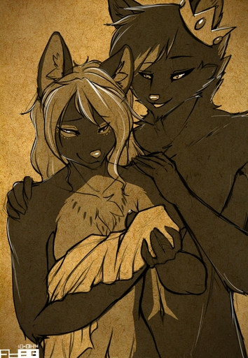 anthro ashlynn_nightflower canid canine canis casual_nudity child clothed clothing crown cub demon duo family female foxboy83 happy hi_res larger_male male mammal master_hellscythe naturally_censored parent parenthood royalty size_difference smaller_female smile topless wolf young // 884x1280 // 395.3KB
