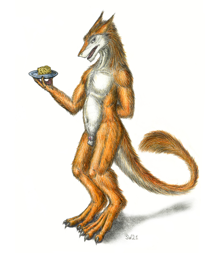 2021 4_toes 5_fingers animal_genitalia anthro balls black_claws cheese claws colored_pencil_(artwork) dairy_products feet fingers flaccid fluffy food fully_sheathed fur genitals hi_res holding_object looking_at_viewer male mane navel nude open_mouth orange_body orange_fur penis plate pubes purple_eyes scalywanderer sergal serving sheath signature simple_background solo teeth toes tongue traditional_media_(artwork) urethra white_background white_body white_fur // 1817x2243 // 3.3MB