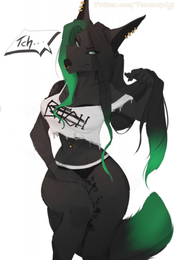 2017 5_fingers anthro black_body black_fur black_hair black_nose breasts canid canine cleavage clothed clothing dialogue digital_media_(artwork) ear_piercing facial_piercing female fingers fur green_eyes green_hair hair hi_res looking_at_viewer mammal multicolored_hair navel navel_piercing nose_piercing nose_ring panties piercing simple_background small_waist smile solo tattoo text two_tone_hair underwear vexstacy vulgar white_background wide_hips // 868x1280 // 767.3KB