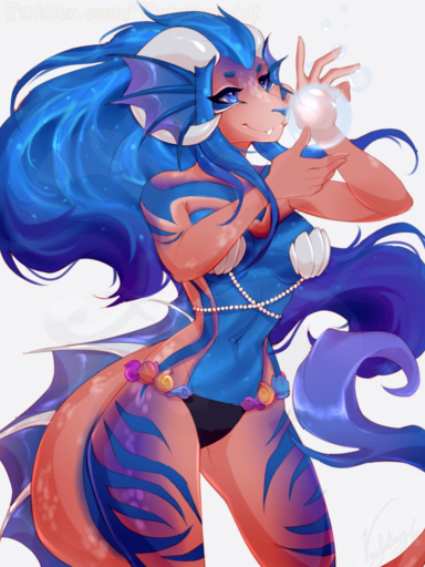 2018 3:4 5_fingers anthro blue_hair breasts clothed clothing curved_horn digital_drawing_(artwork) digital_media_(artwork) female fingers hair hi_res horn marine navel non-mammal_breasts panties solo spines standing underwear vexstacy // 960x1280 // 2.1MB